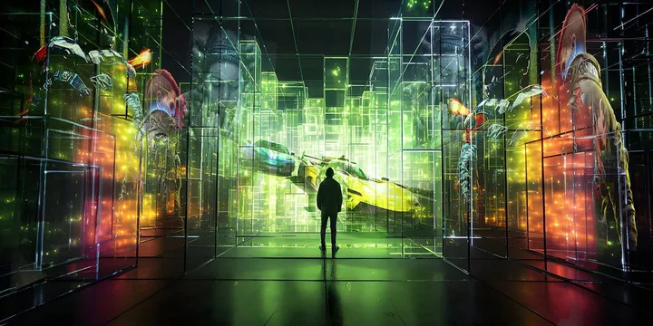 Image of a person standing in front of a glass wall lit up with green, orange, and yellow colors